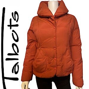 TALBOTS. EUC.Gorgeous "Shawl Collar" Puffer Down filled jacket. Terracotta.Small